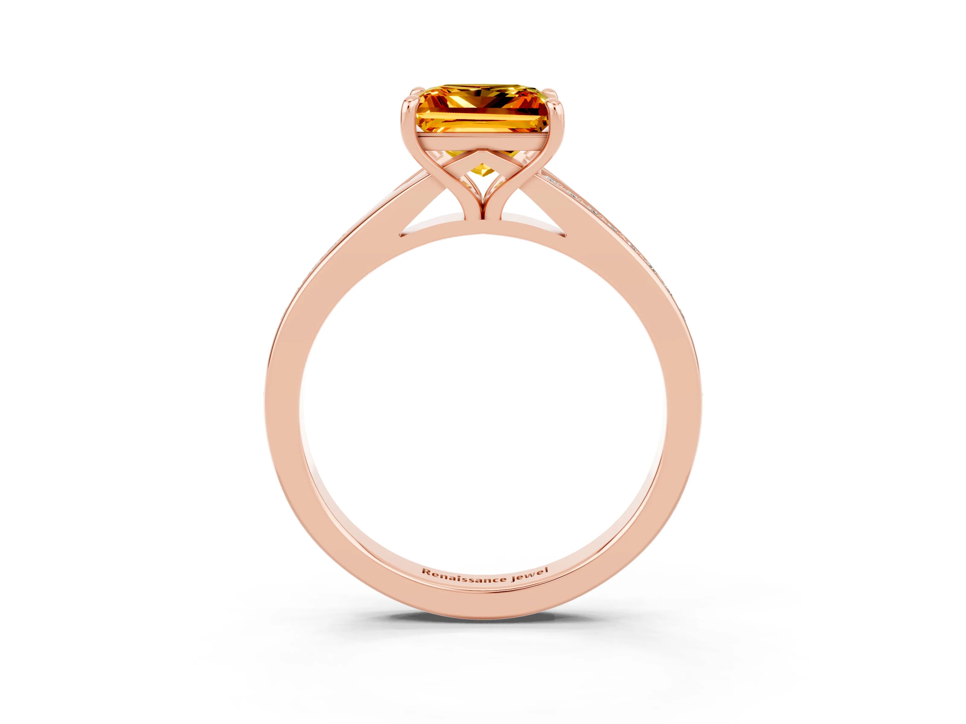 Rose gold Princess Cut Citrine Solitaire Ring with Pavé Band and Prong Setting_15