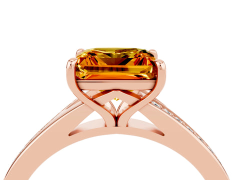 Rose gold Princess Cut Citrine Solitaire Ring with Pavé Band and Prong Setting_16