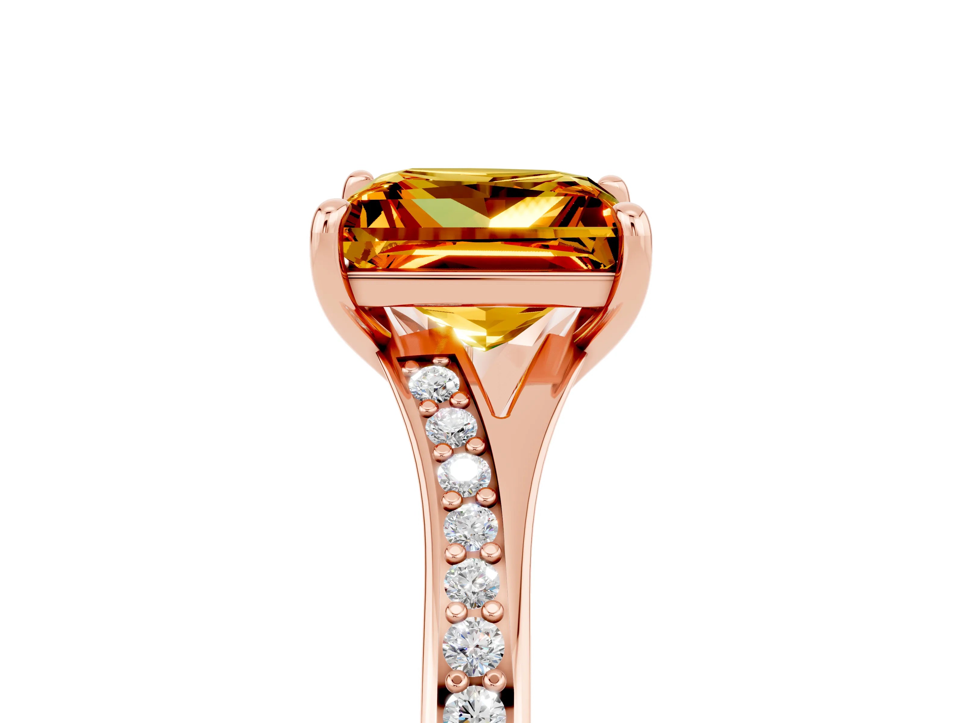Rose gold Princess Cut Citrine Solitaire Ring with Pavé Band and Prong Setting_17