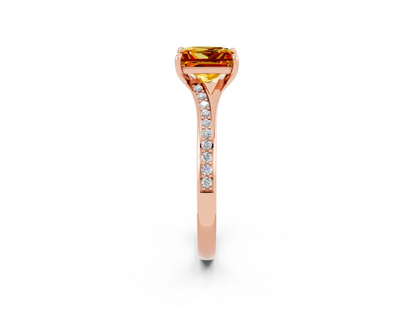 Rose gold Princess Cut Citrine Solitaire Ring with Pavé Band and Prong Setting
