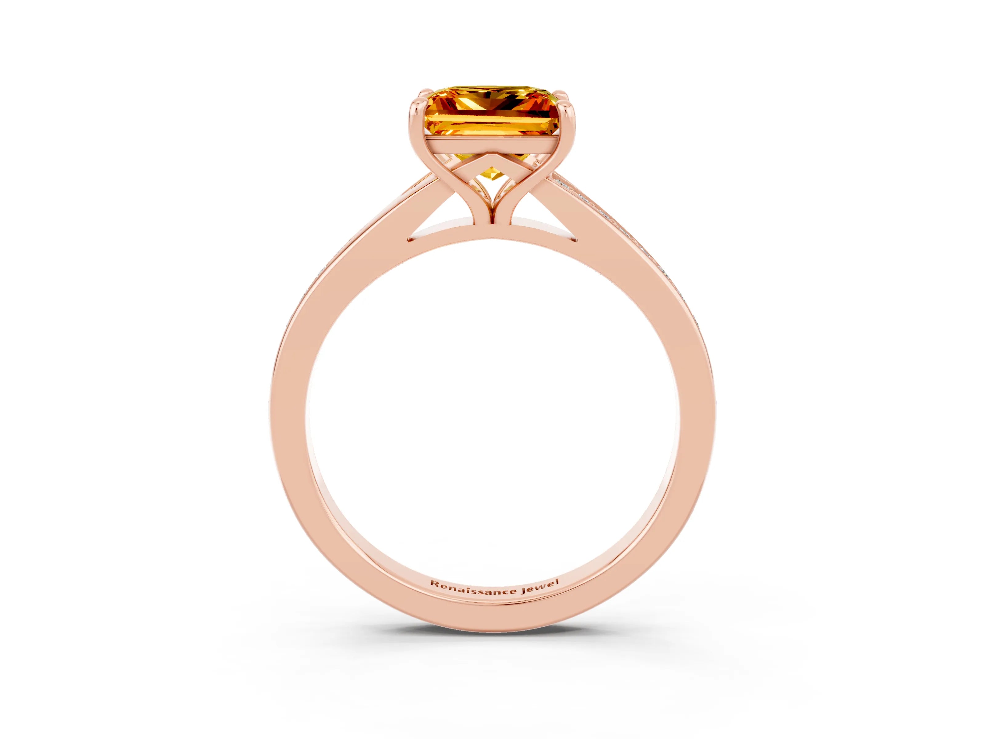 Rose gold Princess Cut Citrine Solitaire Ring with Pavé Band and Prong Setting_3