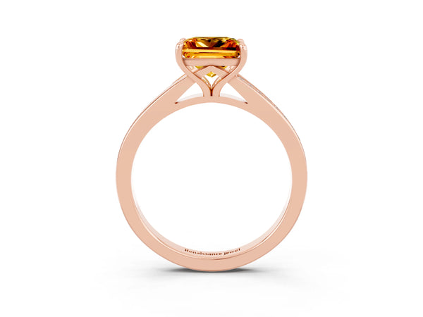 Rose gold Princess Cut Citrine Solitaire Ring with Pavé Band and Prong Setting