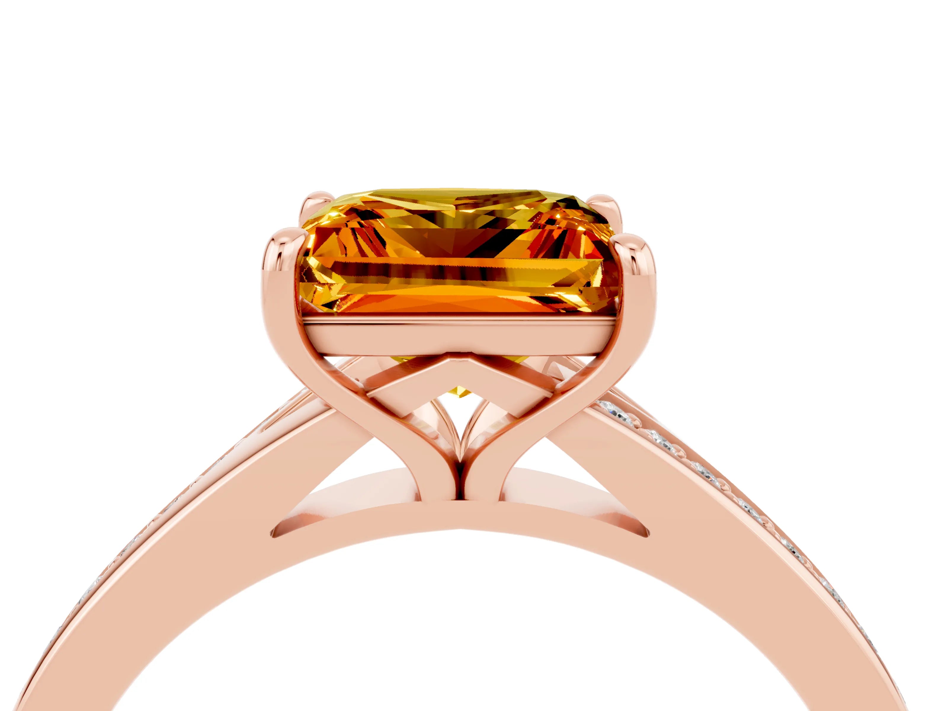 Rose gold Princess Cut Citrine Solitaire Ring with Pavé Band and Prong Setting_4