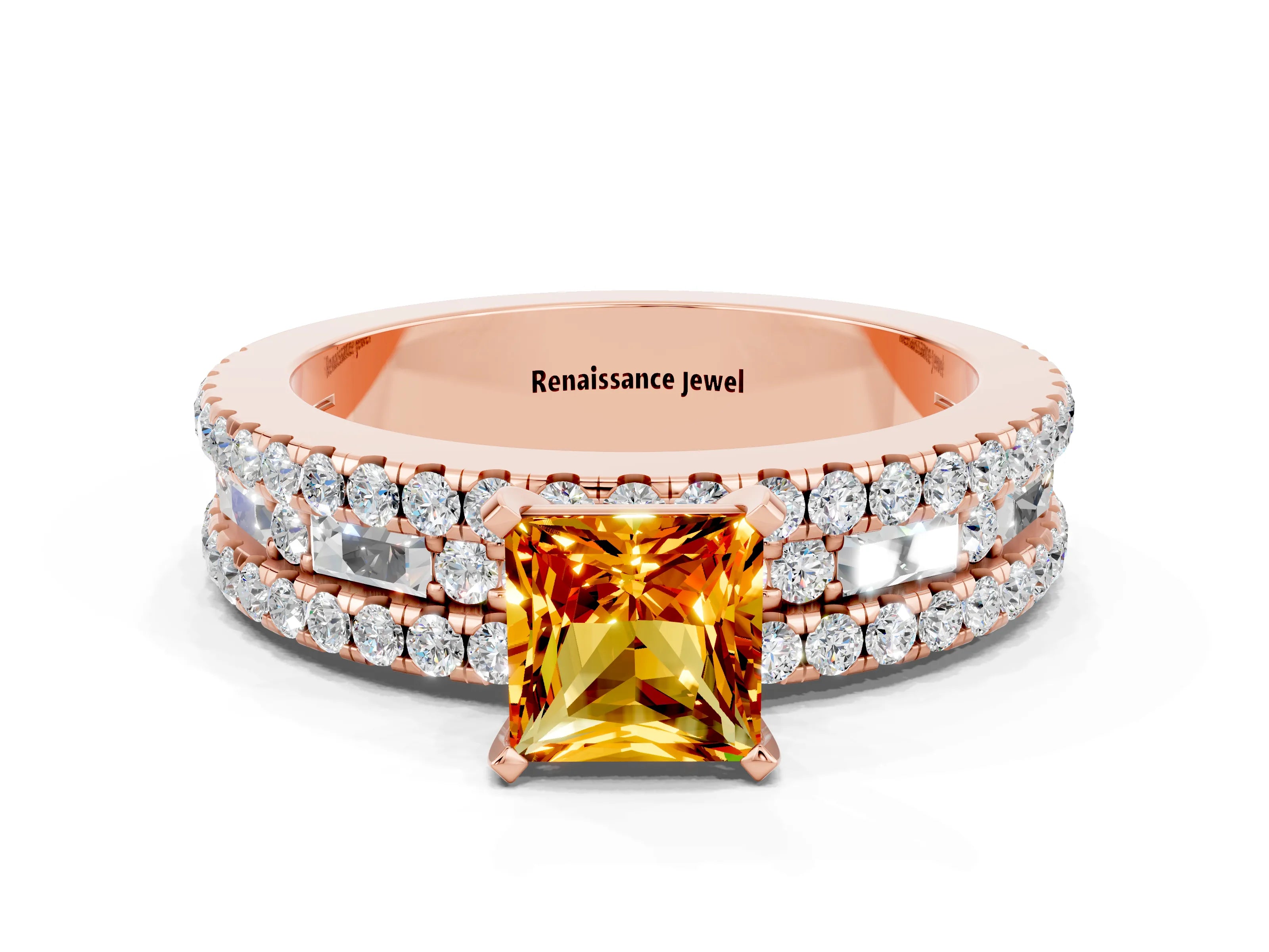 Rose gold Princess Cut Citrine Solitaire Ring with Pavé and Channel Set Band
