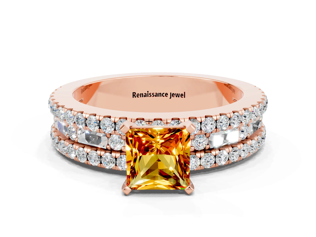 Rose gold Princess Cut Citrine Solitaire Ring with Pavé and Channel Set Band