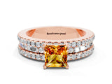 Rose gold Princess Cut Citrine Solitaire Ring with Pavé and Channel Set Band
