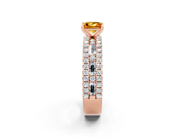 Rose gold Princess Cut Citrine Solitaire Ring with Pavé and Channel Set Band