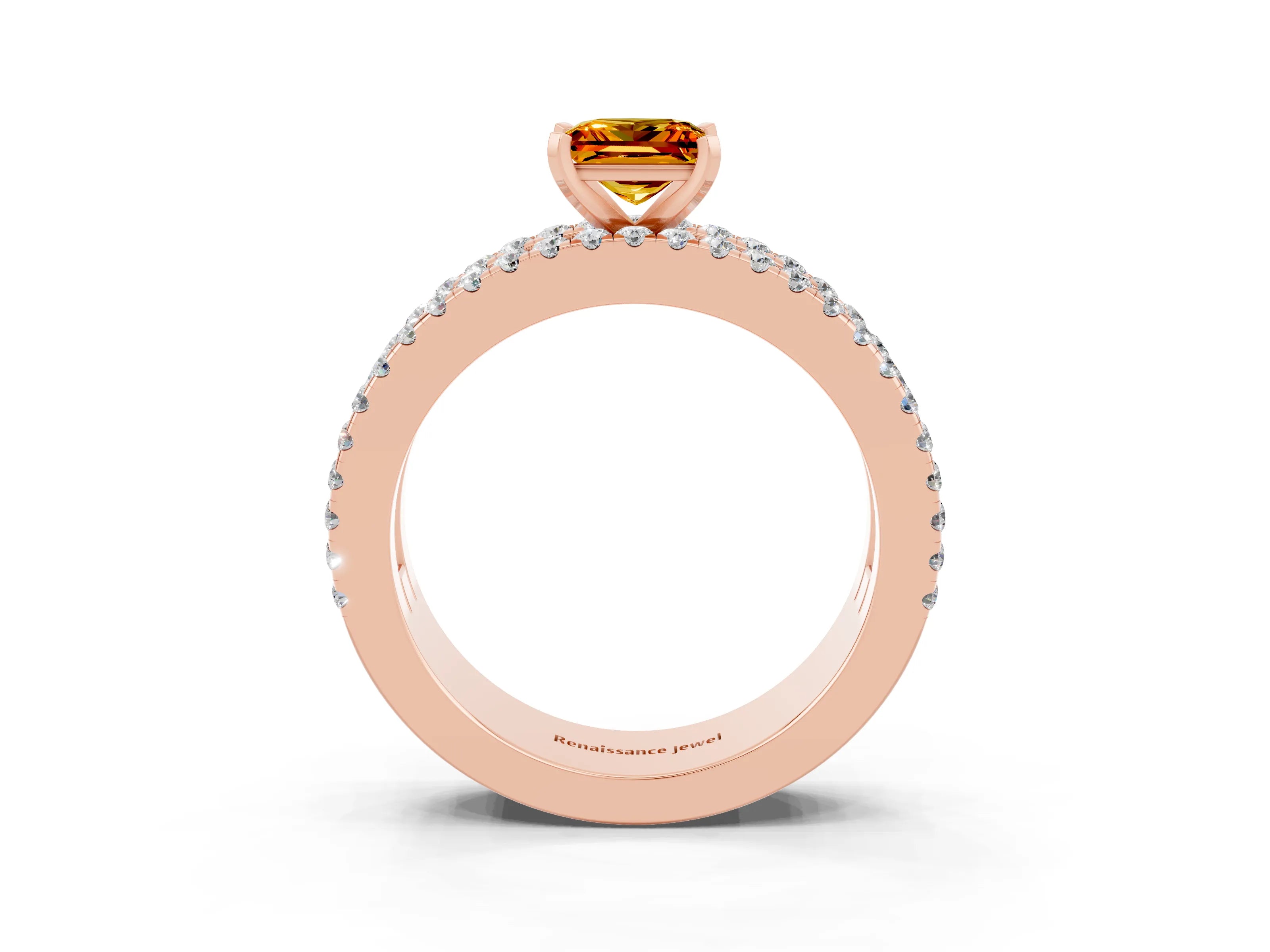 Rose gold Princess Cut Citrine Solitaire Ring with Pavé and Channel Set Band_3