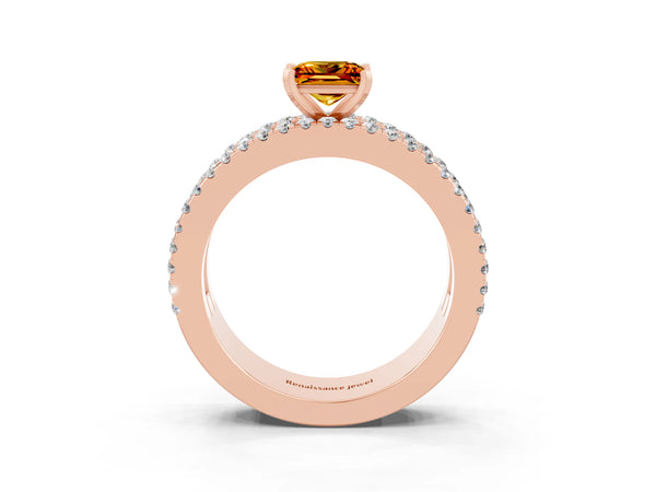 Rose gold Princess Cut Citrine Solitaire Ring with Pavé and Channel Set Band