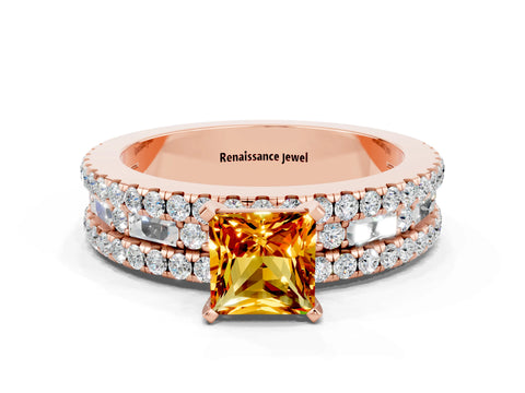 Rose gold Princess Cut Citrine Solitaire Ring with Pavé and Channel Set Band