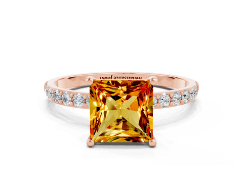 Rose gold Princess Cut Citrine Solitaire Ring with Pave Band and Four Prong Setting_24