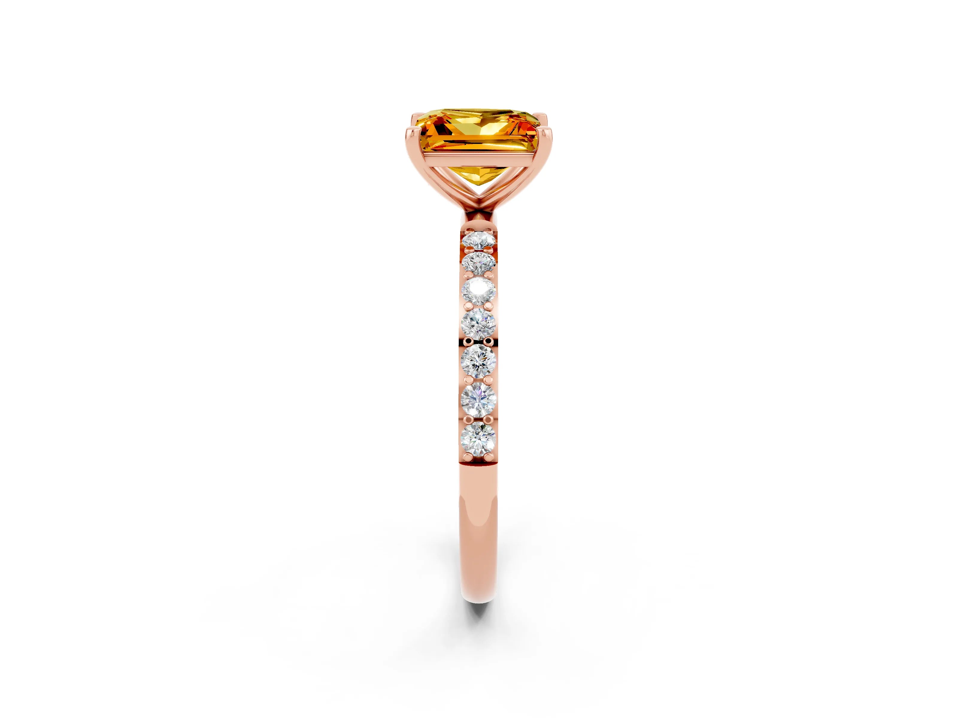 Rose gold Princess Cut Citrine Solitaire Ring with Pave Band and Four Prong Setting_26