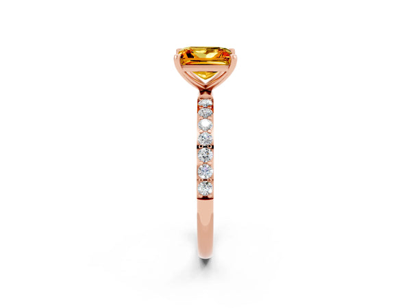 Rose gold Princess Cut Citrine Solitaire Ring with Round  Pavé Band and Prong Setting