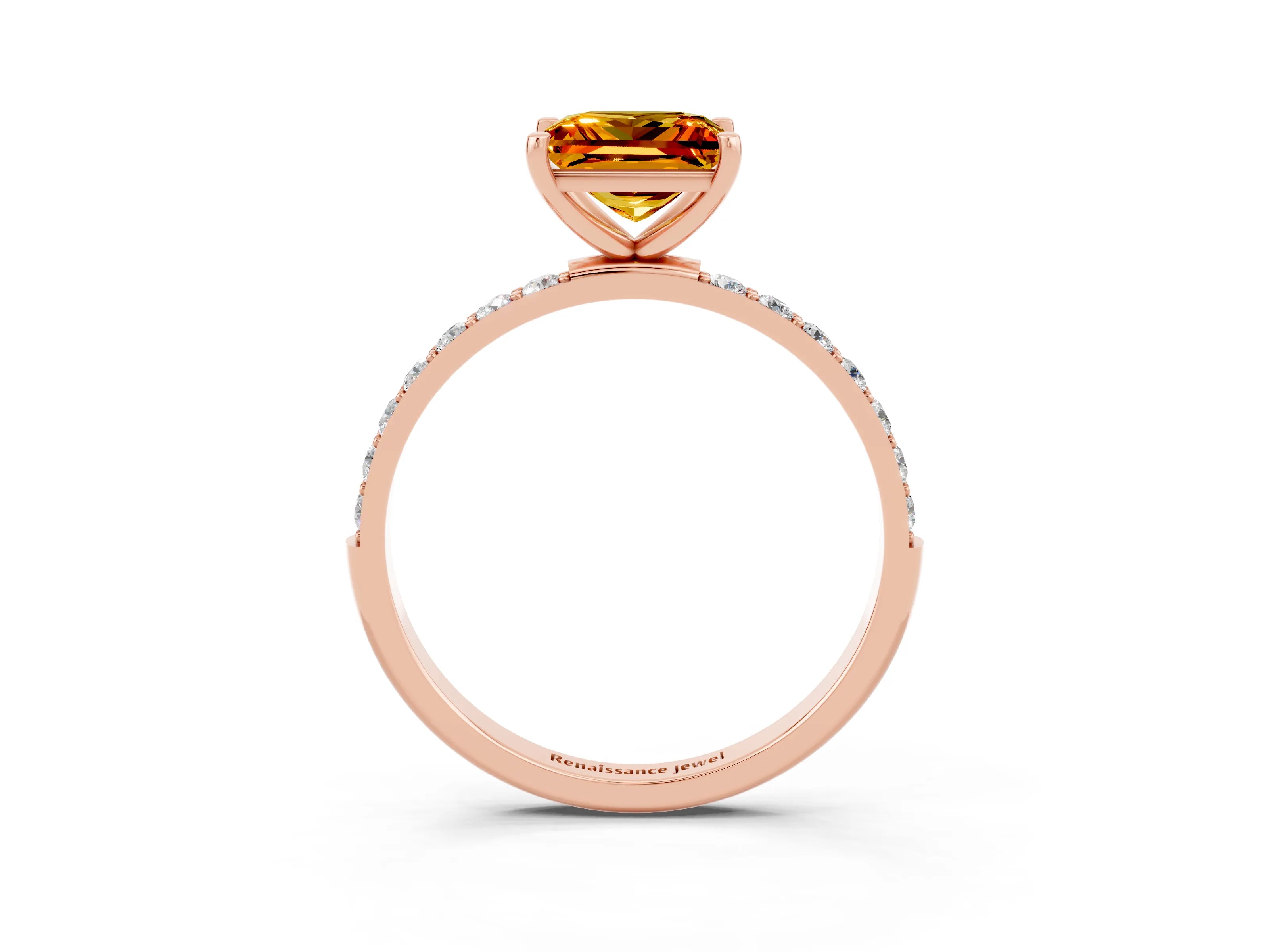 Rose gold Princess Cut Citrine Solitaire Ring with Pave Band and Four Prong Setting_27