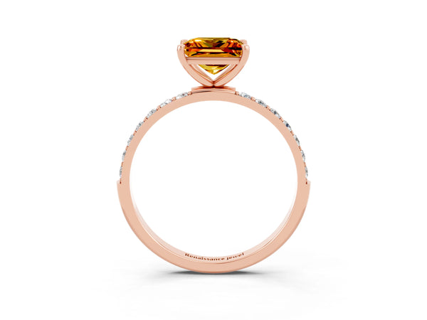 Rose gold Princess Cut Citrine Solitaire Ring with Round  Pavé Band and Prong Setting