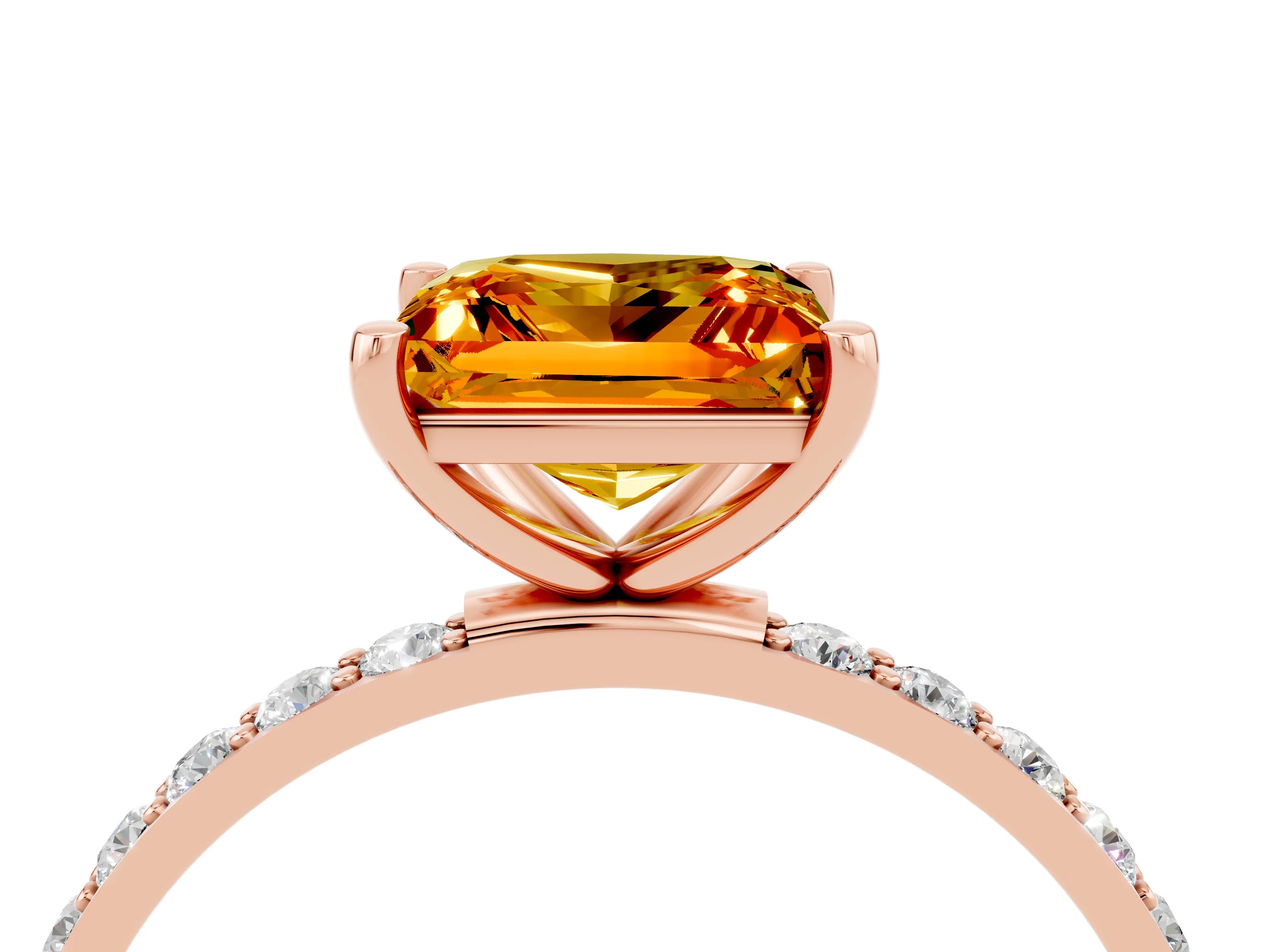 Rose gold Princess Cut Citrine Solitaire Ring with Pave Band and Four Prong Setting_28