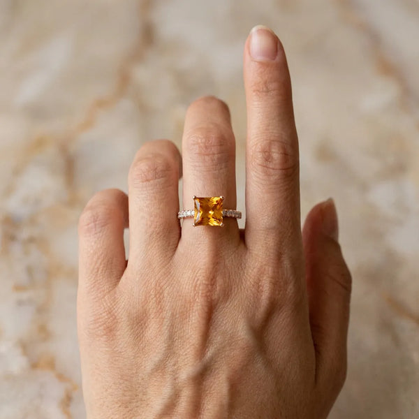 Rose gold Princess Cut Citrine Solitaire Ring with Round  Pavé Band and Four-Prong Setting