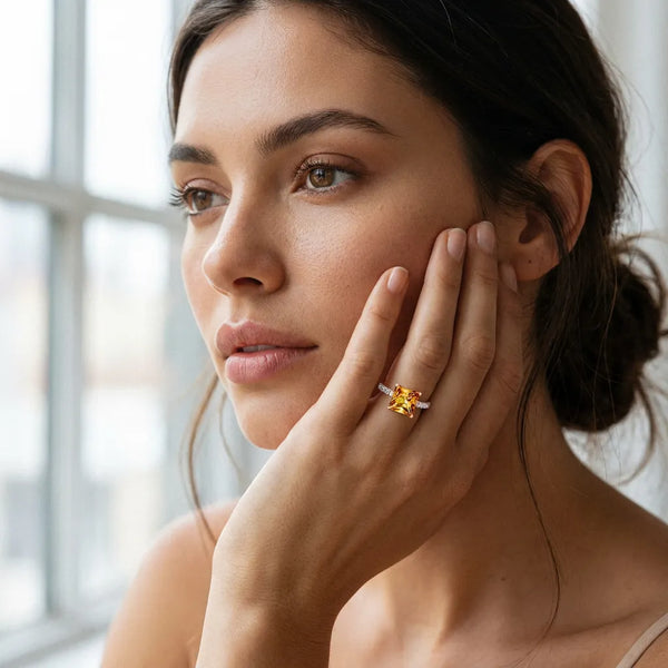 Rose gold Princess Cut Citrine Solitaire Ring with Round  Pavé Band and Four-Prong Setting