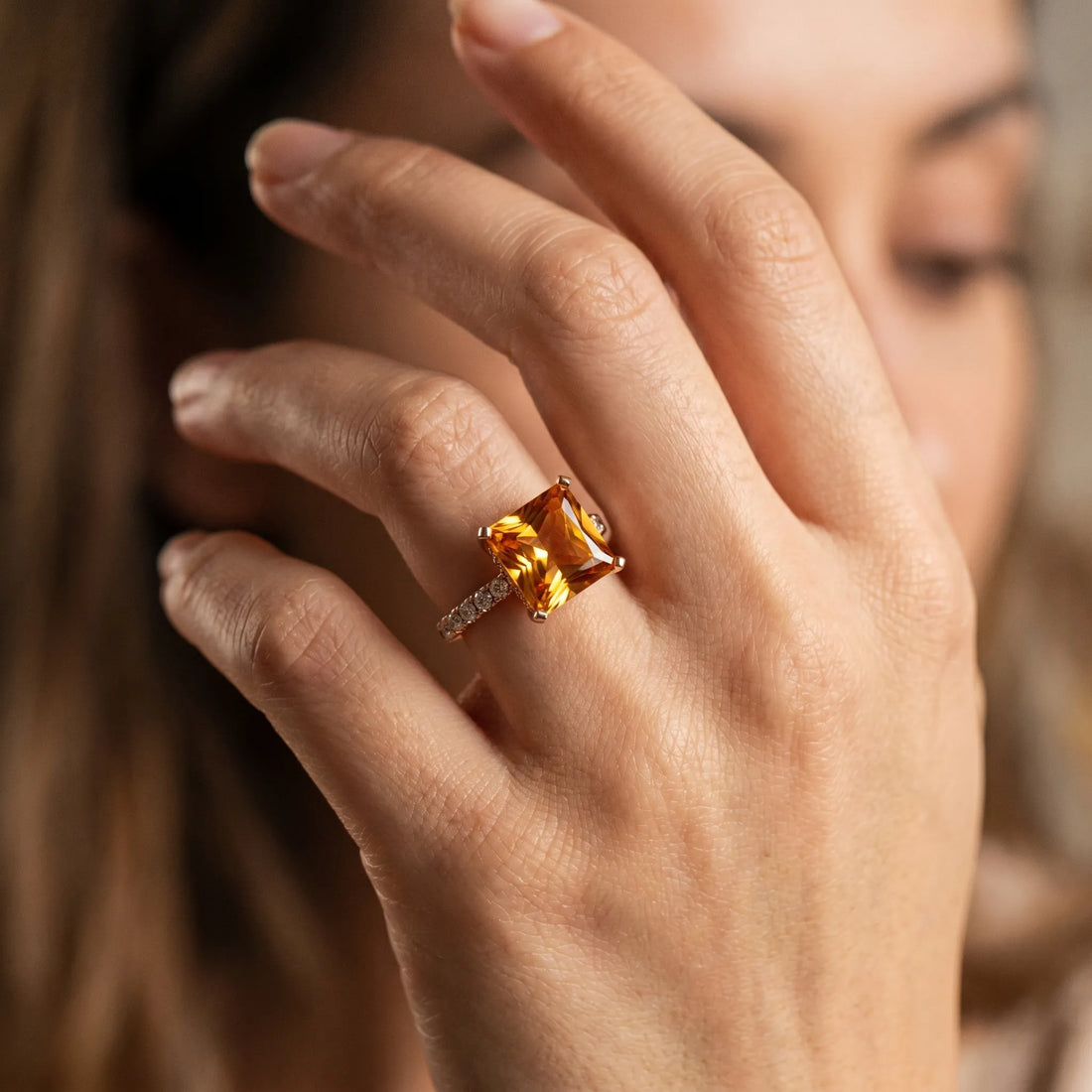 Rose gold Princess Cut Citrine Solitaire Ring with Round  Pavé Band and Four-Prong Setting_44