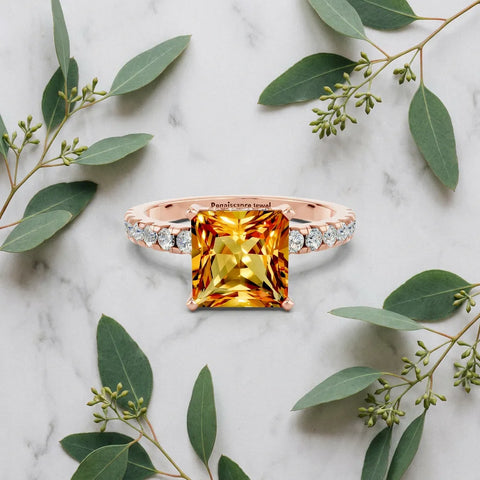 Rose gold Princess Cut Citrine Solitaire Ring with Round  Pavé Band and Four-Prong Setting_45