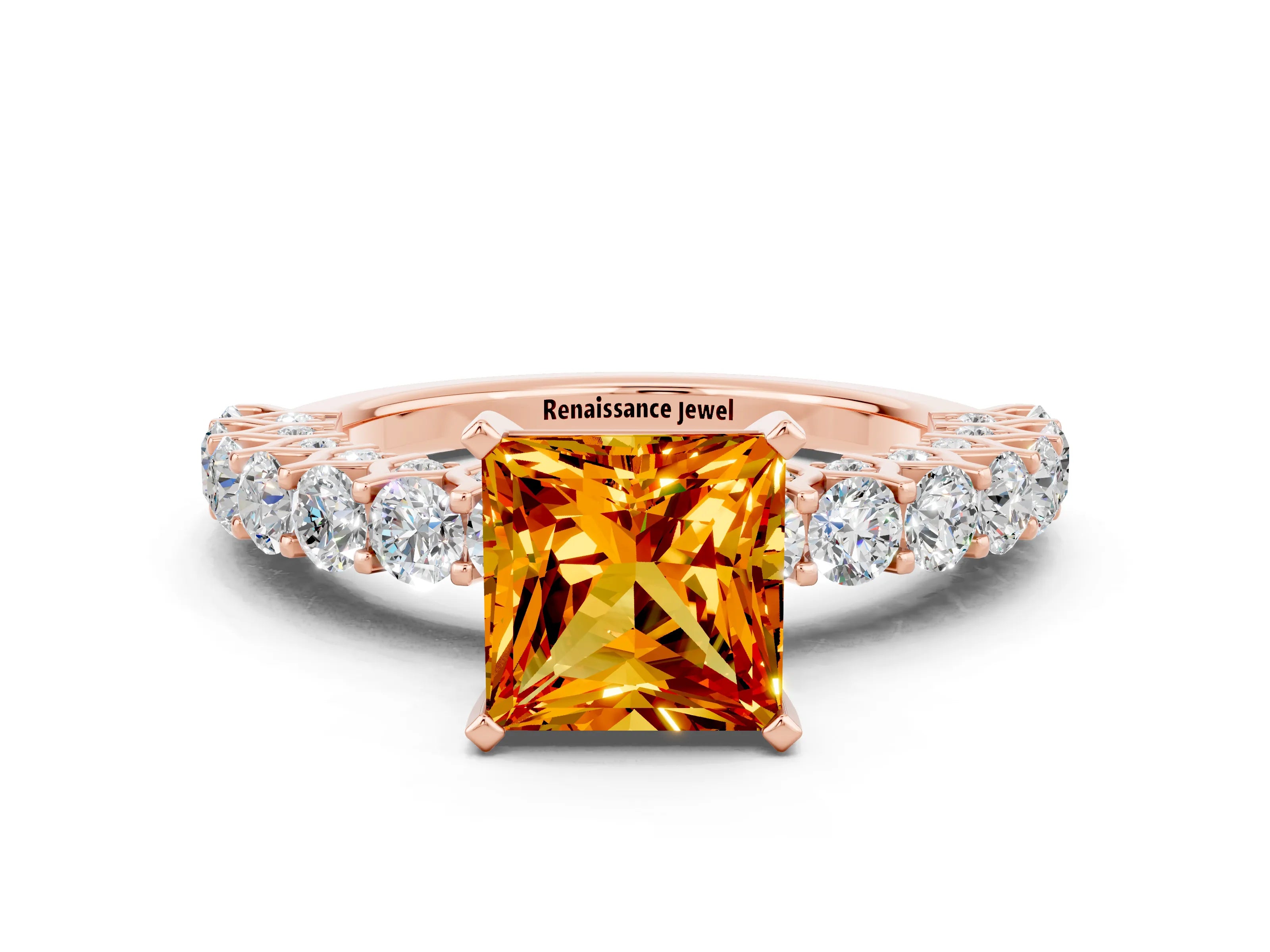 Rose gold Princess Cut Citrine Solitaire Ring with Shared Prong Pavé Band and Four-Prong Setting