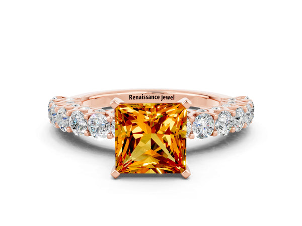 Rose gold Princess Cut Citrine Solitaire Ring with Shared Prong Pavé Band and Four-Prong Setting