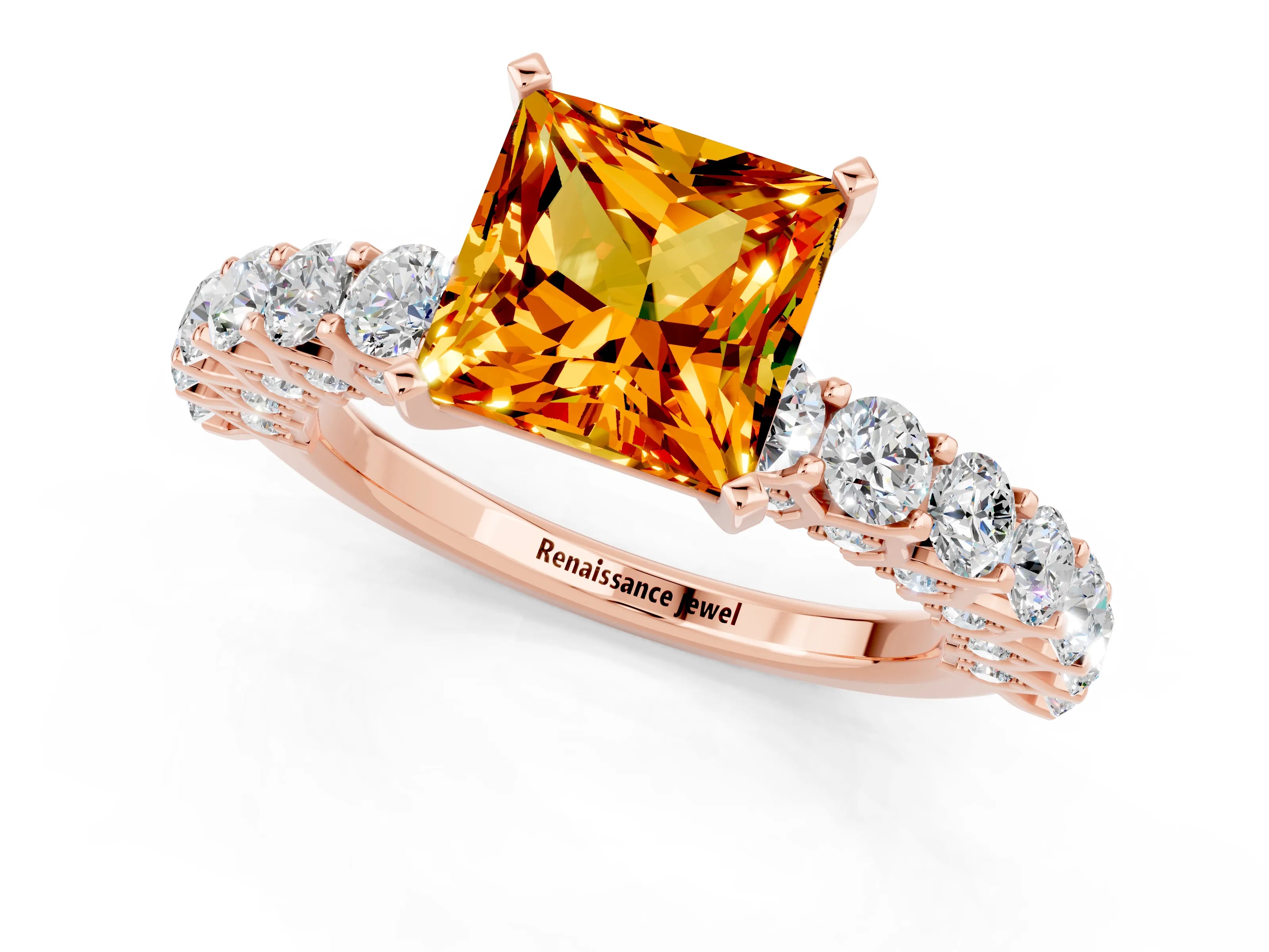 Rose gold Princess Cut Citrine Solitaire Ring with Shared Prong Pavé Band and Four-Prong Setting_1