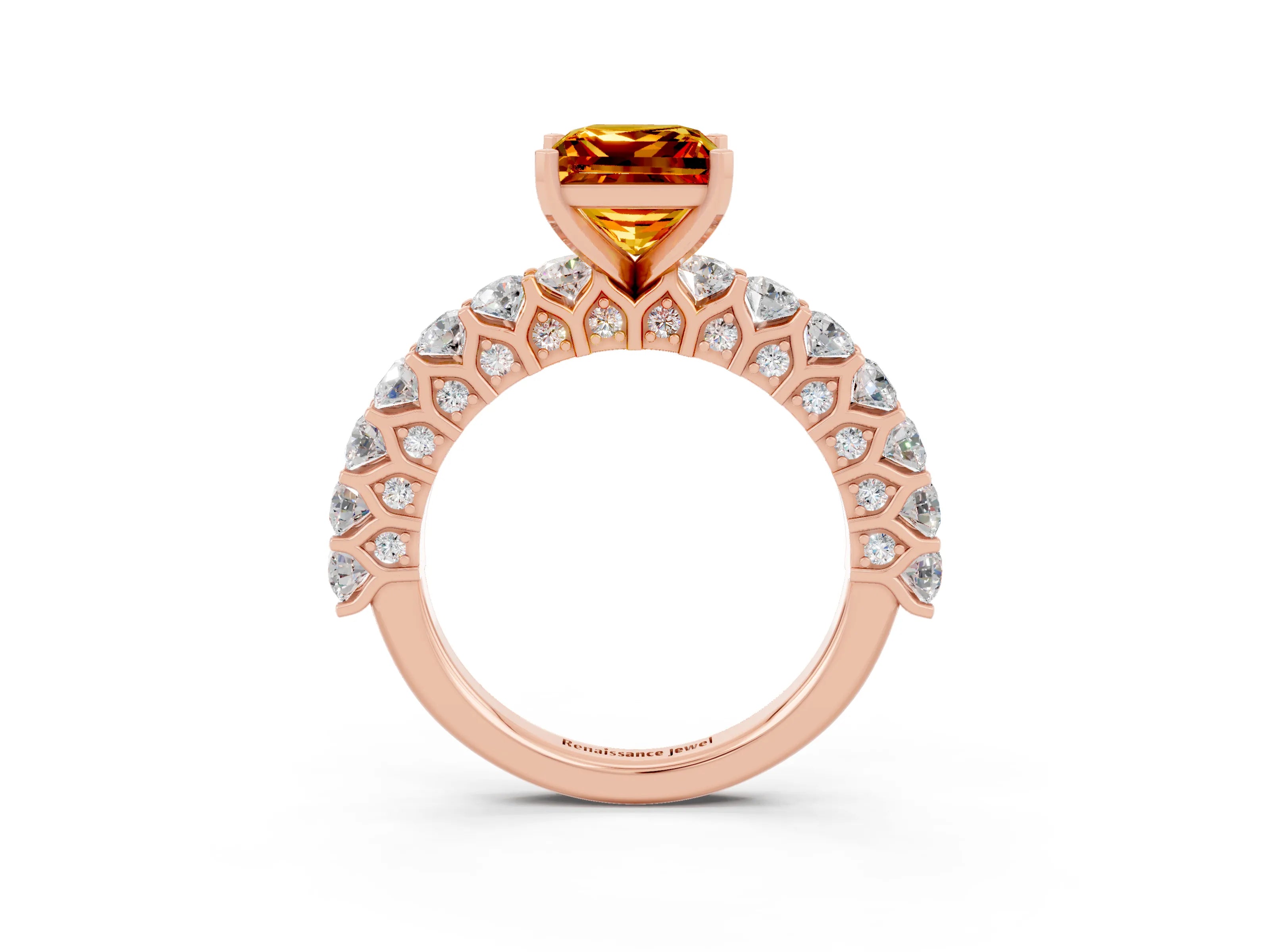 Rose gold Princess Cut Citrine Solitaire Ring with Shared Prong Pavé Band and Four-Prong Setting_3
