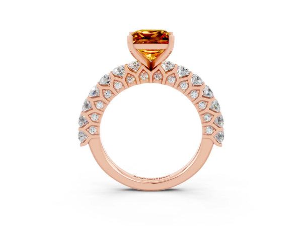 Rose gold Princess Cut Citrine Solitaire Ring with Shared Prong Pavé Band and Four-Prong Setting