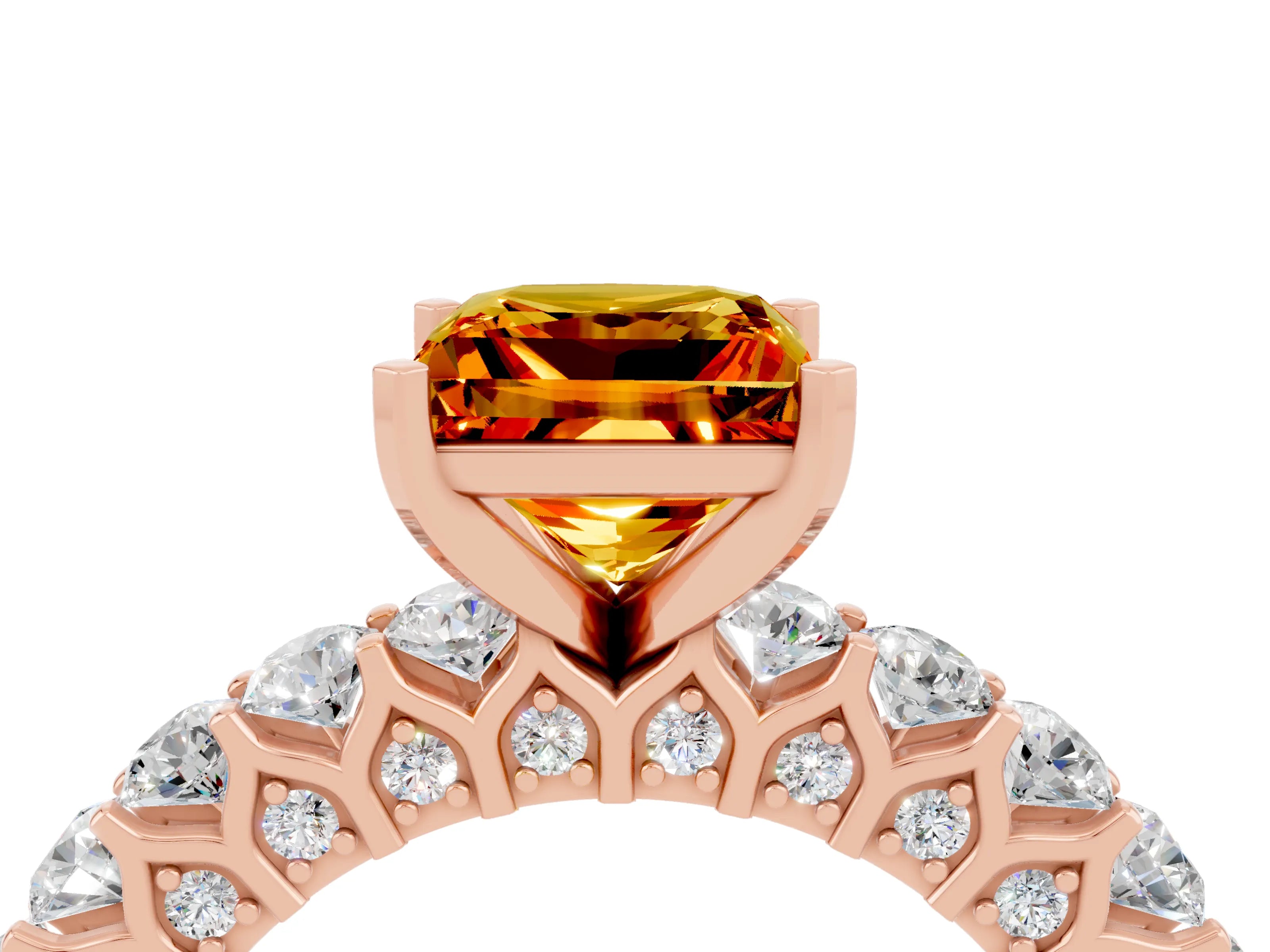 Rose gold Princess Cut Citrine Solitaire Ring with Shared Prong Pavé Band and Four-Prong Setting_4