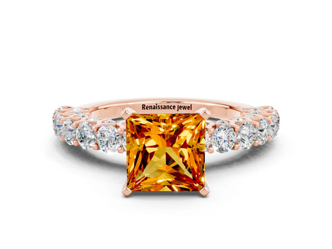 Rose gold Princess Cut Citrine Solitaire Ring with Shared Prong Pavé Band and Four-Prong Setting