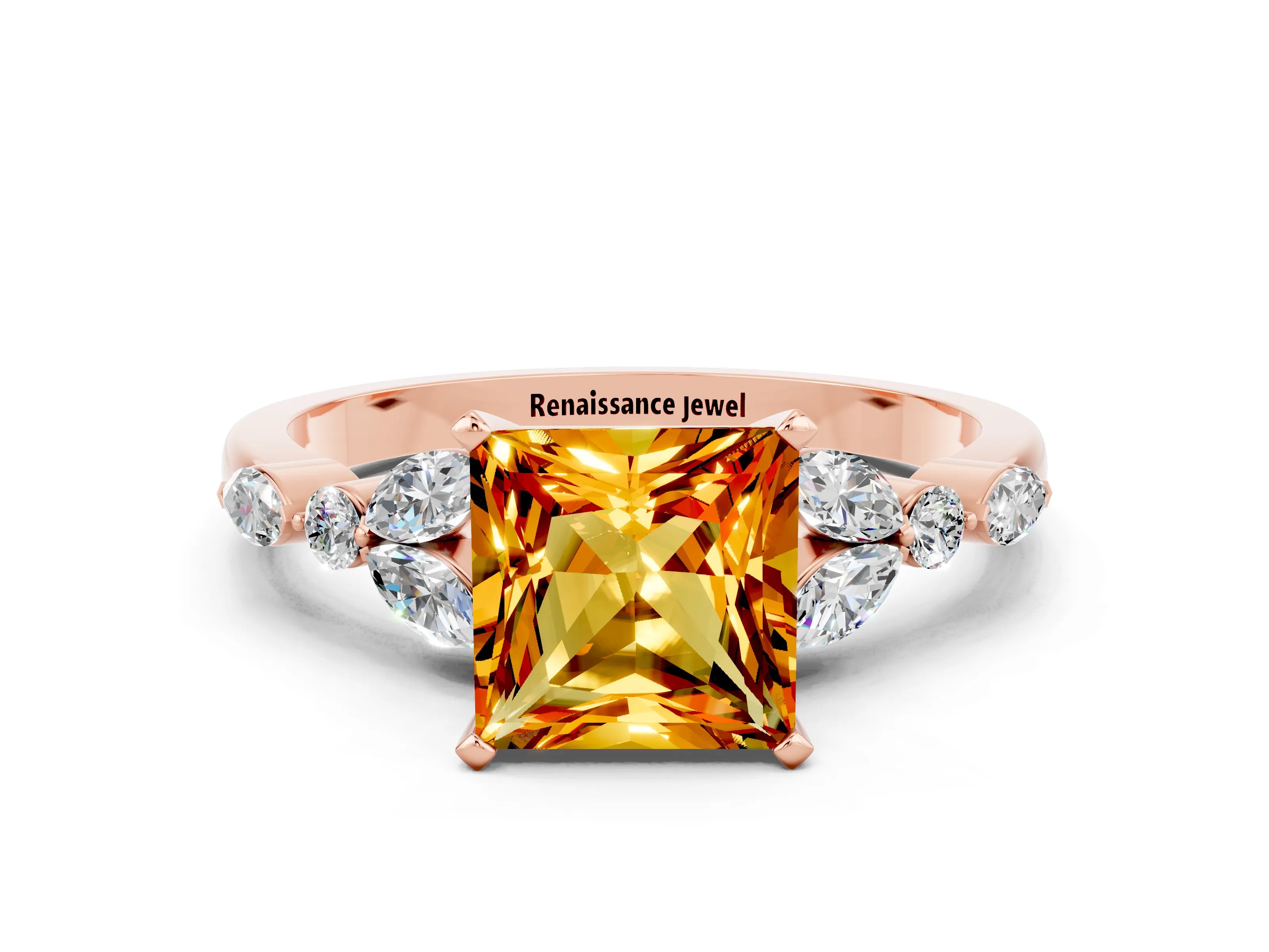 Rose gold Princess Cut Citrine Solitaire Ring with Side Stones and Four-Prong Setting_12