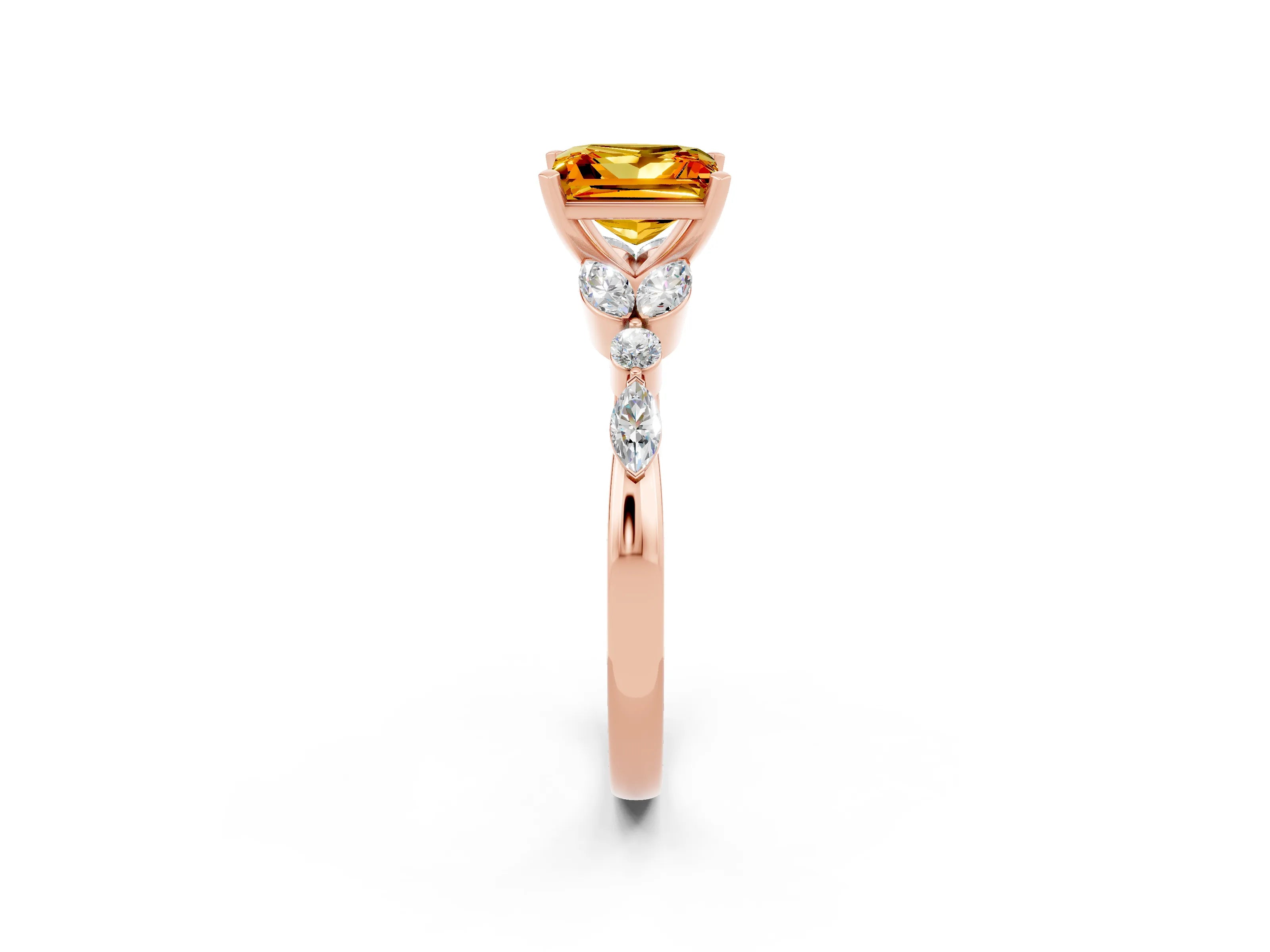 Rose gold Princess Cut Citrine Solitaire Ring with Side Stones and Four-Prong Setting_14