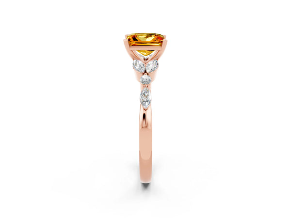 Rose gold Princess Cut Citrine Solitaire Ring with Side Stones and Four-Prong Setting