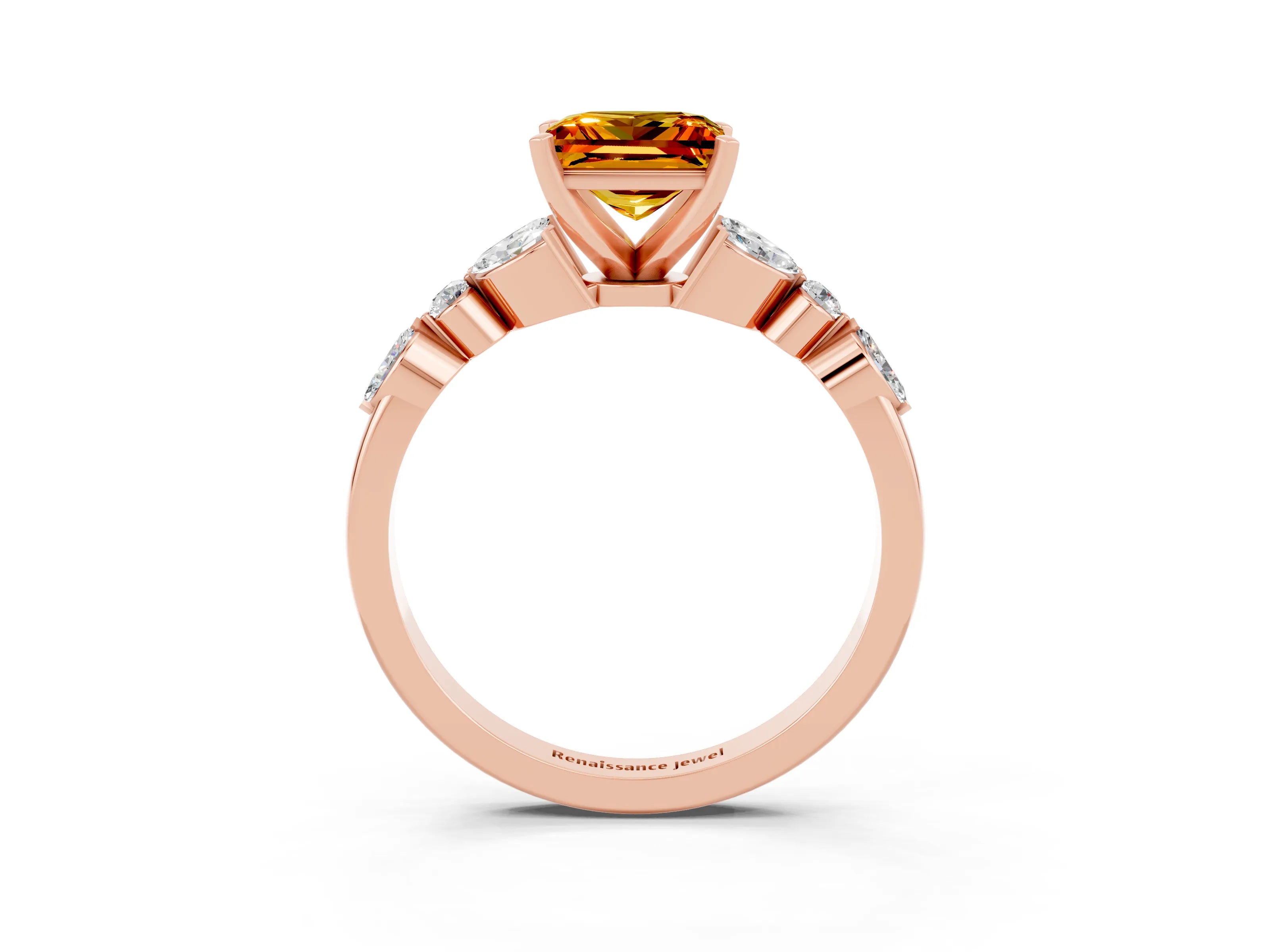 Rose gold Princess Cut Citrine Solitaire Ring with Side Stones and Four-Prong Setting_15