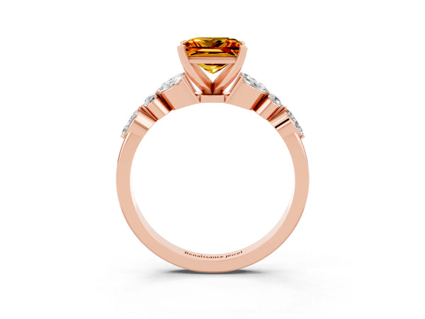 Rose gold Princess Cut Citrine Solitaire Ring with Side Stones and Four-Prong Setting