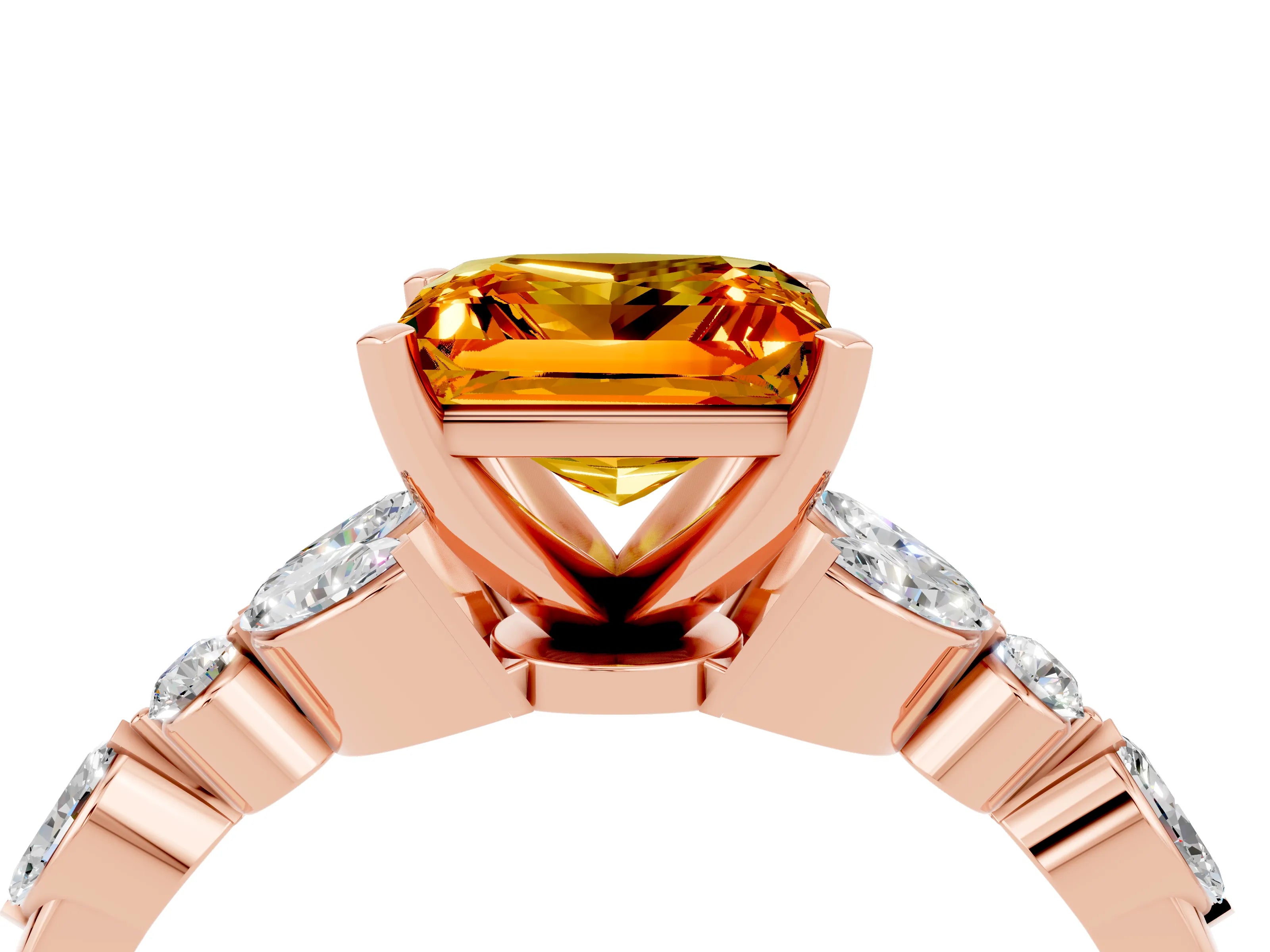 Rose gold Princess Cut Citrine Solitaire Ring with Side Stones and Four-Prong Setting_16