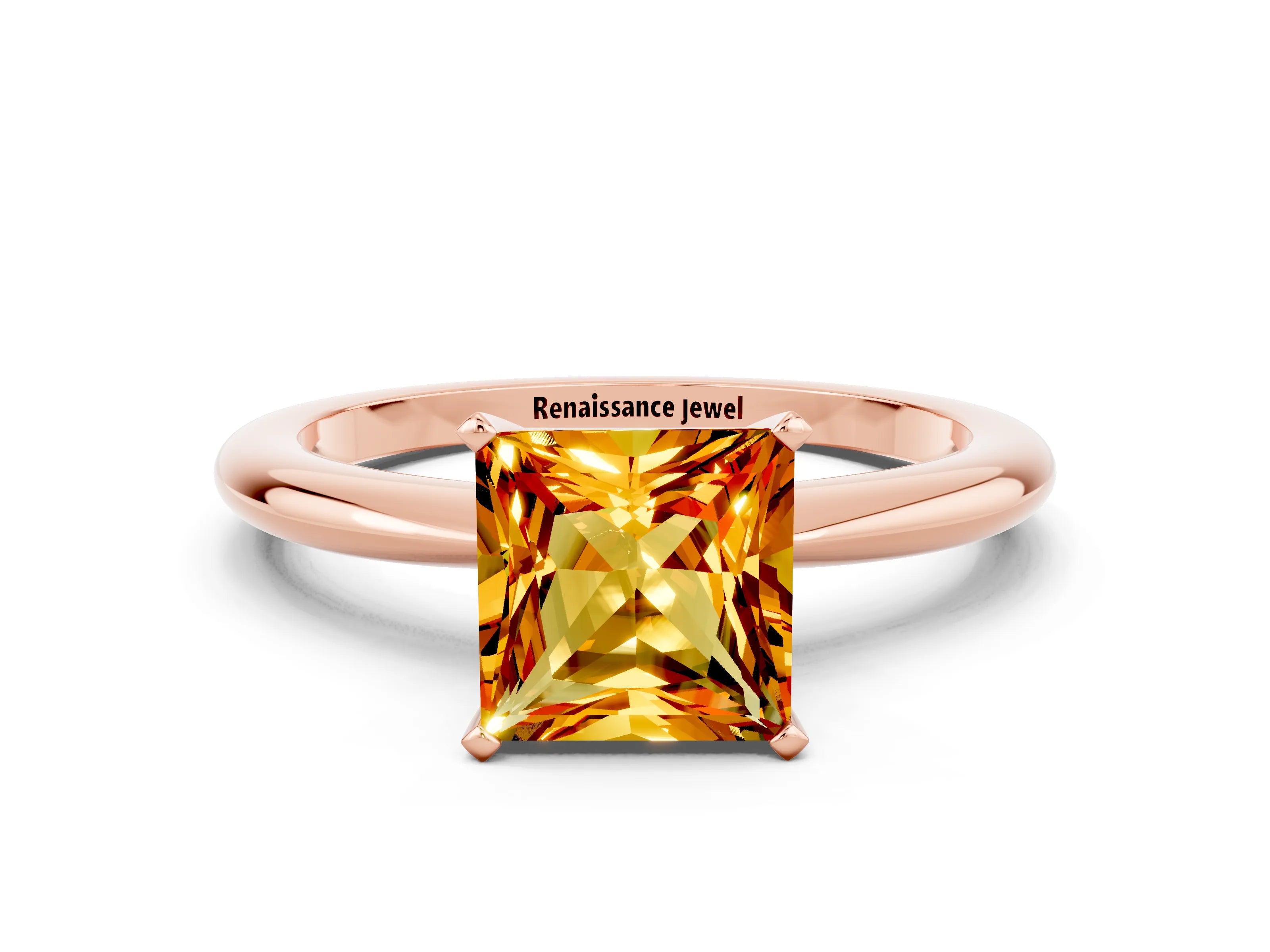 Rose gold Princess Cut Citrine Solitaire Ring with Six-Prong Setting and Classic Band