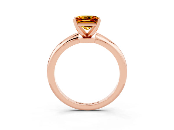 Rose gold Princess Cut Citrine Solitaire Ring with Six-Prong Setting and Classic Band