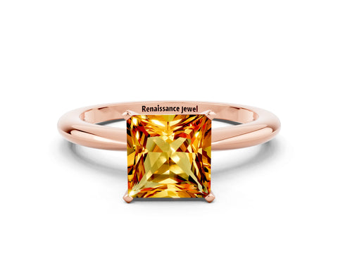 Rose gold Princess Cut Citrine Solitaire Ring with Six-Prong Setting and Classic Band