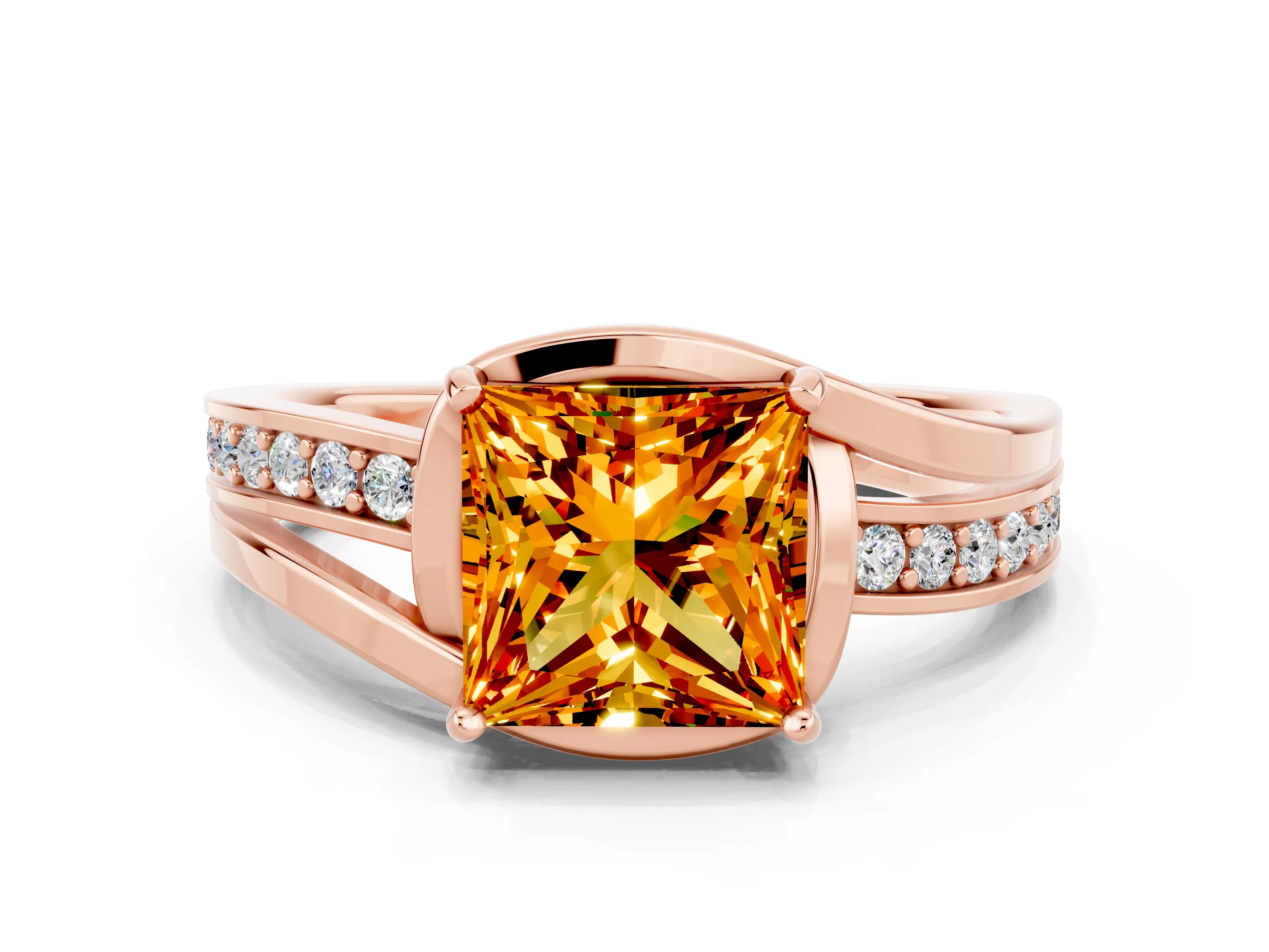Rose gold Princess Cut Citrine Solitaire Ring with Split Shank and Prong Setting