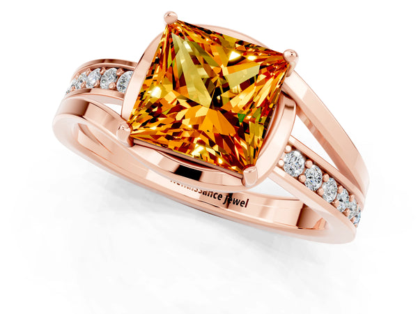 Rose gold Princess Cut Citrine Solitaire Ring with Split Shank and Prong Setting