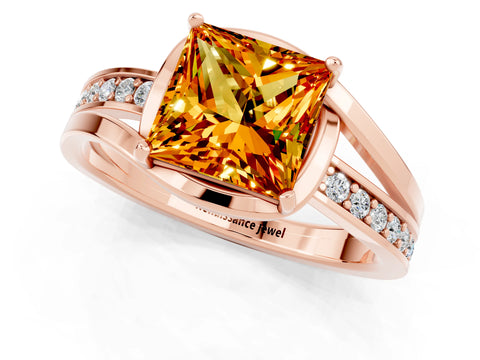 Rose gold Princess Cut Citrine Solitaire Ring with Split Shank and Prong Setting_1