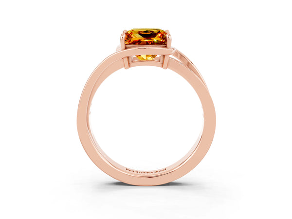 Rose gold Princess Cut Citrine Solitaire Ring with Split Shank and Prong Setting
