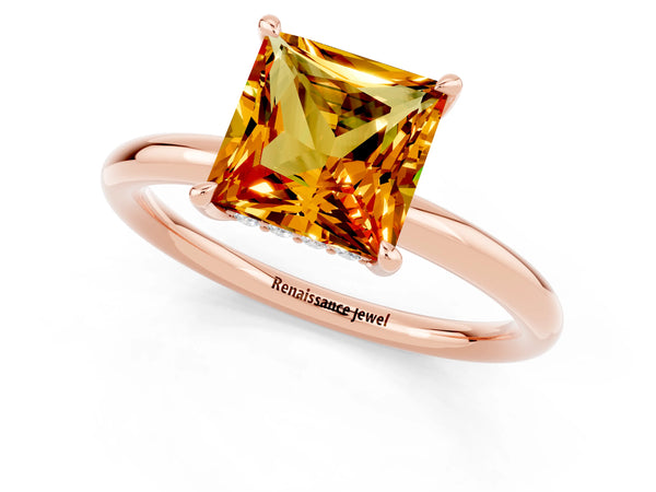 Rose gold Princess Cut Citrine Solitaire Ring with Thin Band and Four-Prong Setting