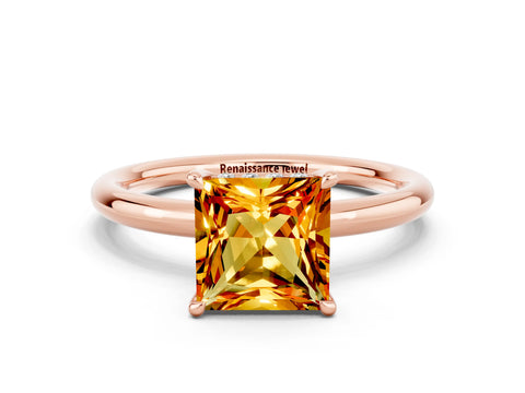 Rose gold Princess Cut Citrine Solitaire Ring with Thin Band and Four-Prong Setting