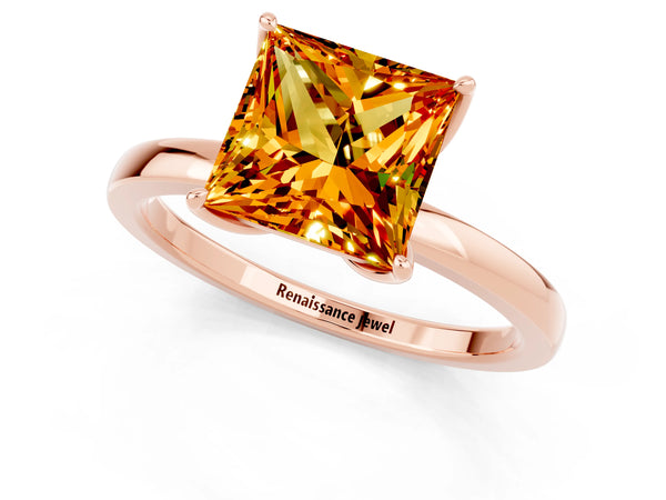 Rose gold Princess Cut Citrine Solitaire Ring with Thin Band and Prong Setting