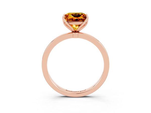 Rose gold Princess Cut Citrine Solitaire Ring with Thin Band and Prong Setting