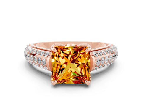 Rose gold Princess Cut Citrine Solitaire Ring with Three-Row Pavé Band and Four-Prong Setting_12
