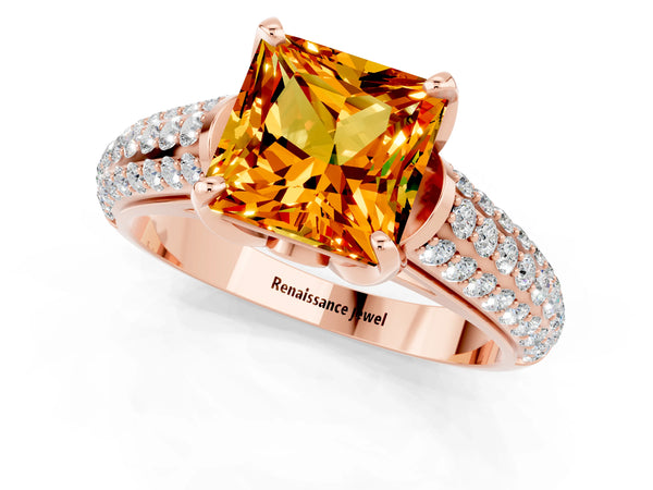 Rose gold Princess Cut Citrine Solitaire Ring with Three-Row Pavé Band and Four-Prong Setting